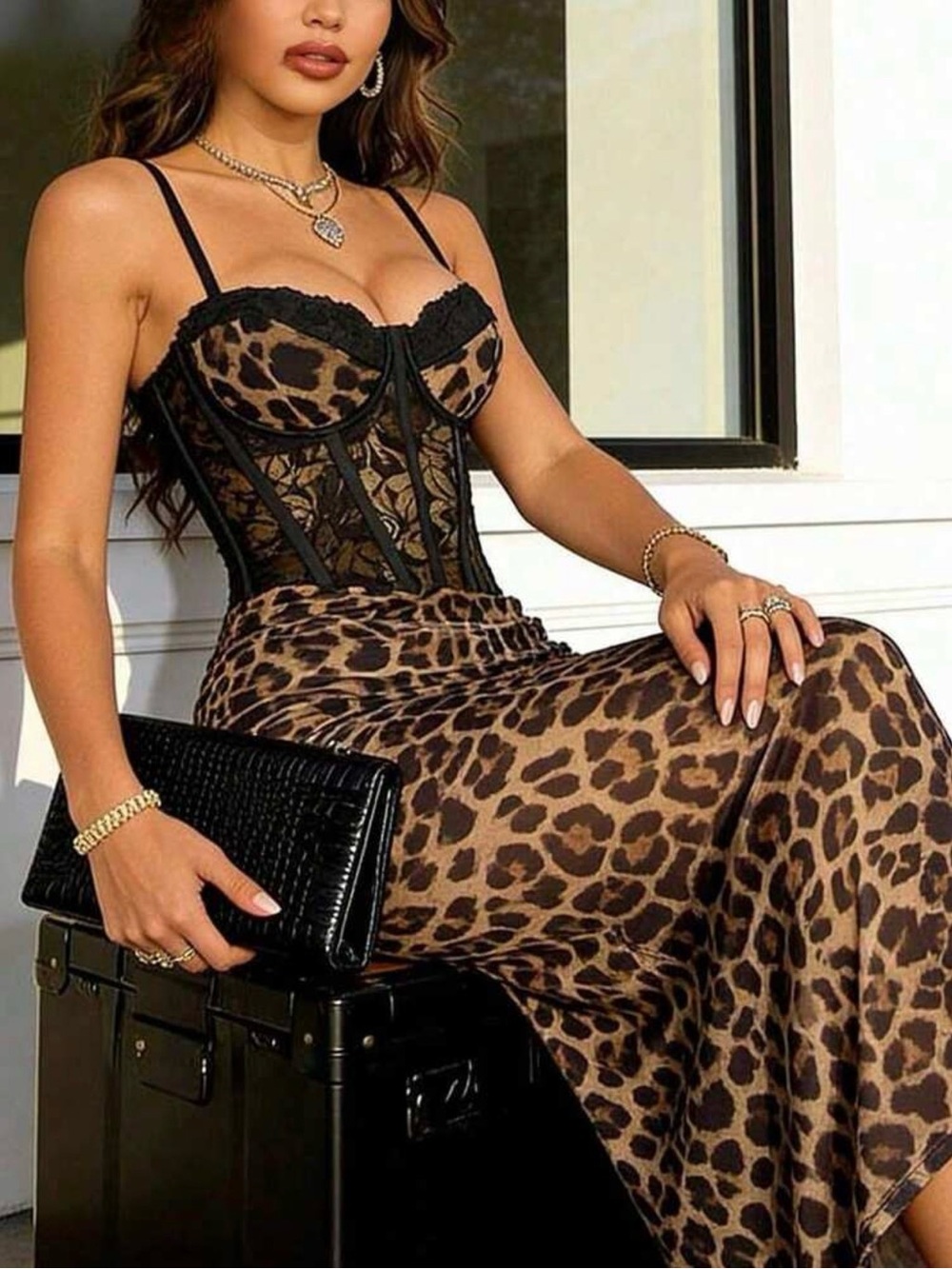 Leopard Print Maxi Dress with Lace Corset Detail - Black/Brown